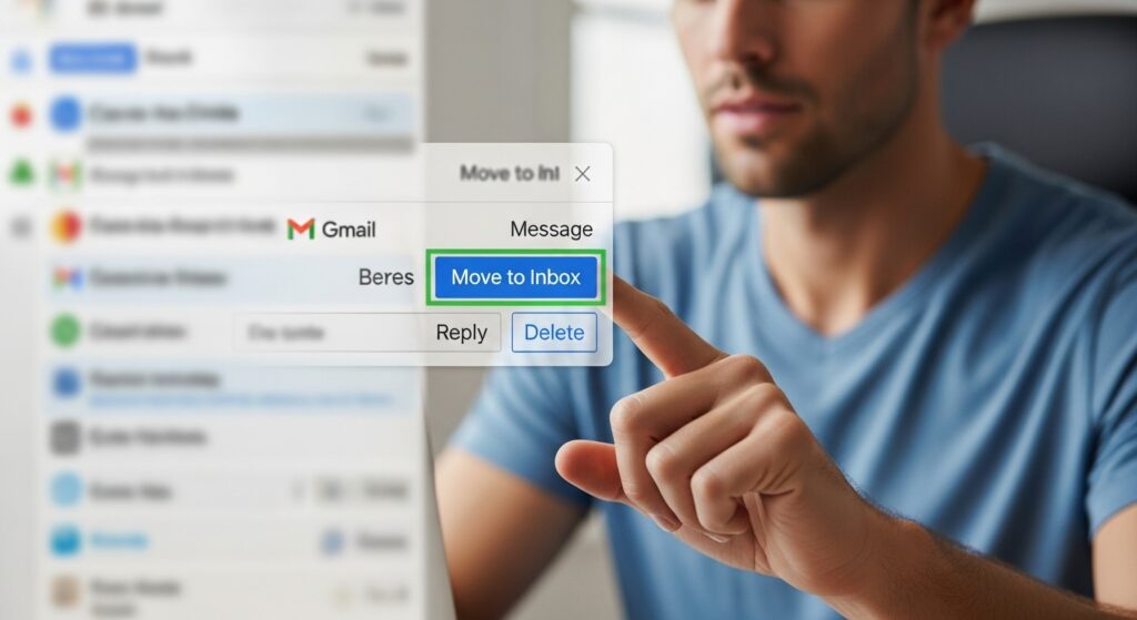A person relocating an archived Gmail email to the inbox.
