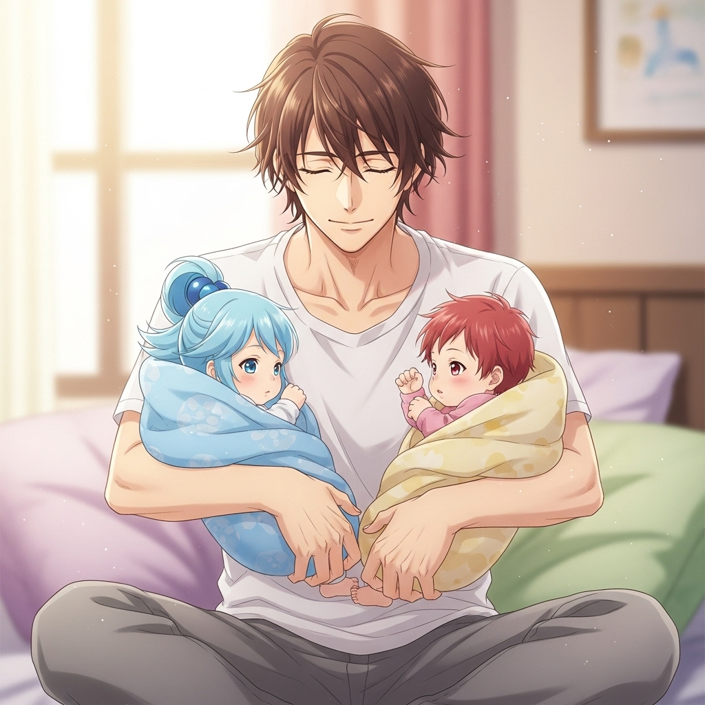 ai hoshino fanart with her children in soft colors

