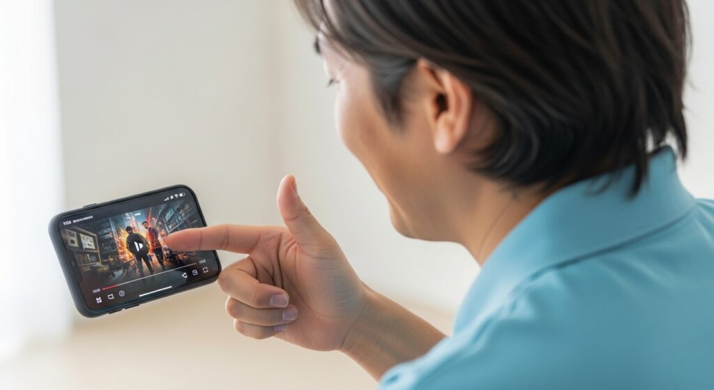 Man using thumb to pause Instagram Reel on phone screen.