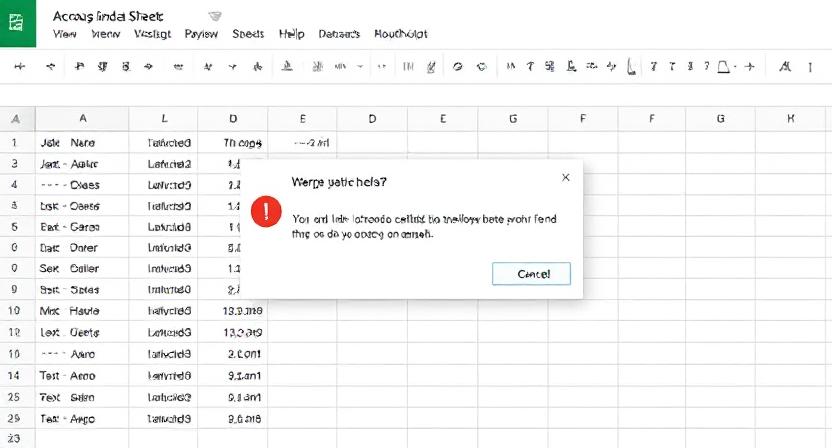 Warning message in Google Sheets before merging cells with content.
