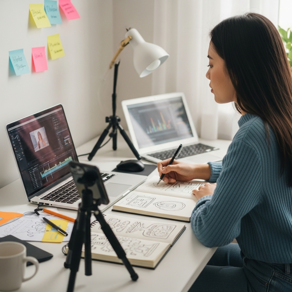 A young female content creator sitting at a cozy desk filled with creative tools