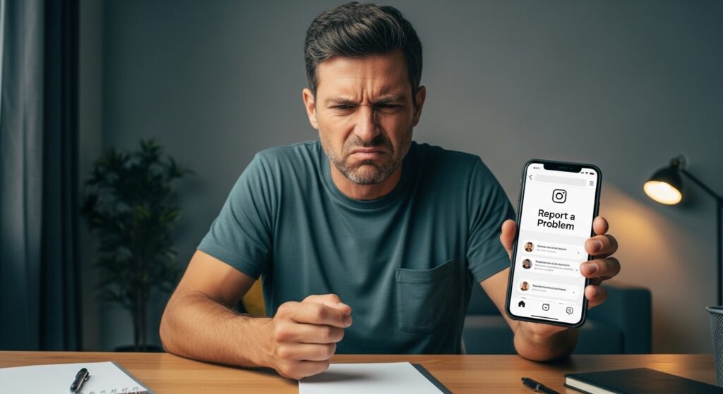 A man holding his phone with a slightly annoyed expression, scrolling through Instagram’s “Report a Problem” screen, seated casually at a desk or table.
