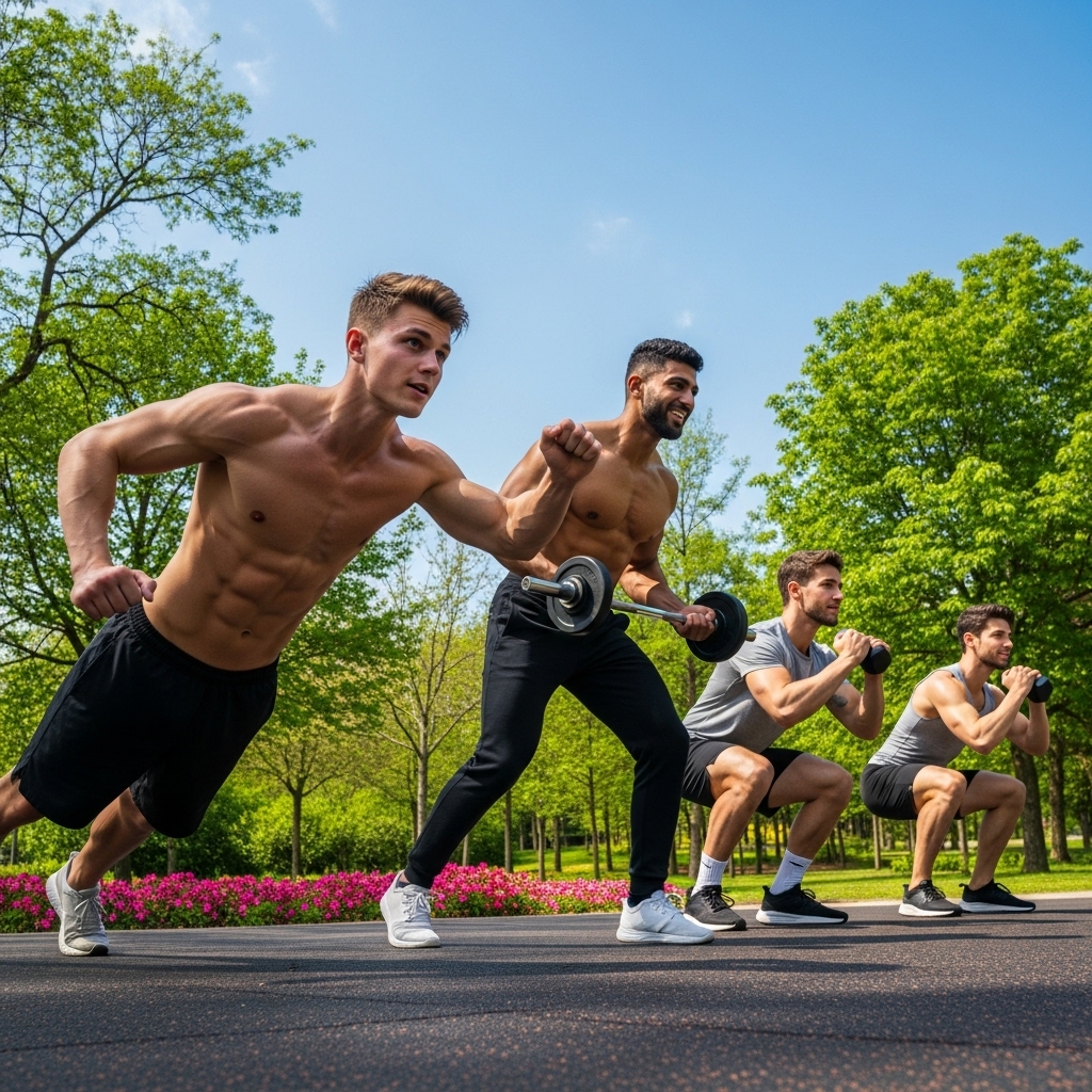 group of male  fitness influencers working out together outdoors