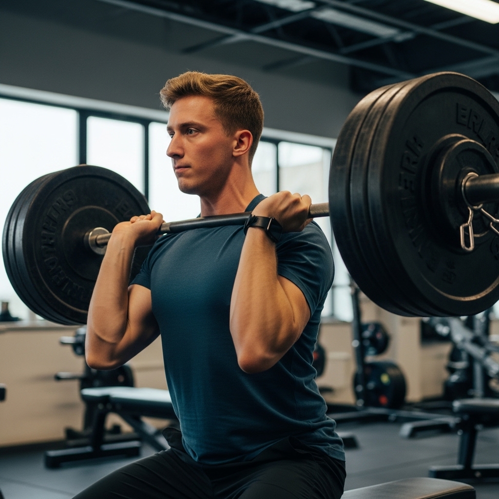 A man influencer is lifting a heavyweight in a gym having minimal make-up. There is a natural and original touch to the photography.