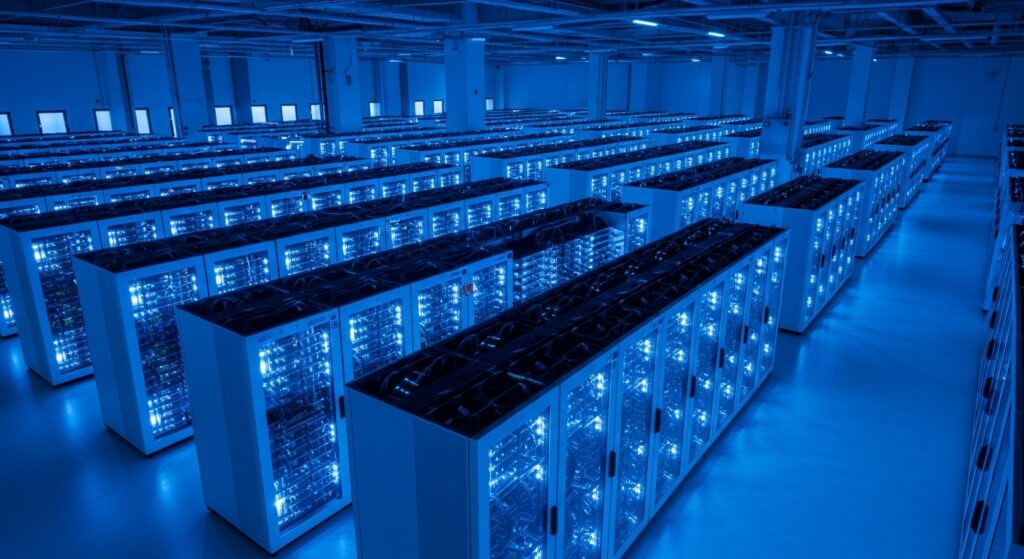 AI infrastructure inside data center with GPU racks.