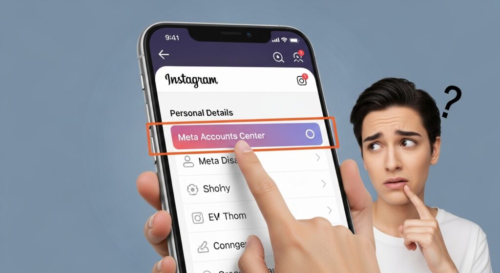 Smartphone screen showing Instagram’s settings menu with the Meta Accounts Center highlighted, and a confused user tapping through “Personal Details.”