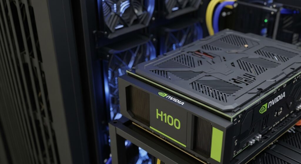 AI chip powering data center - Nvidia H100 inside rack.