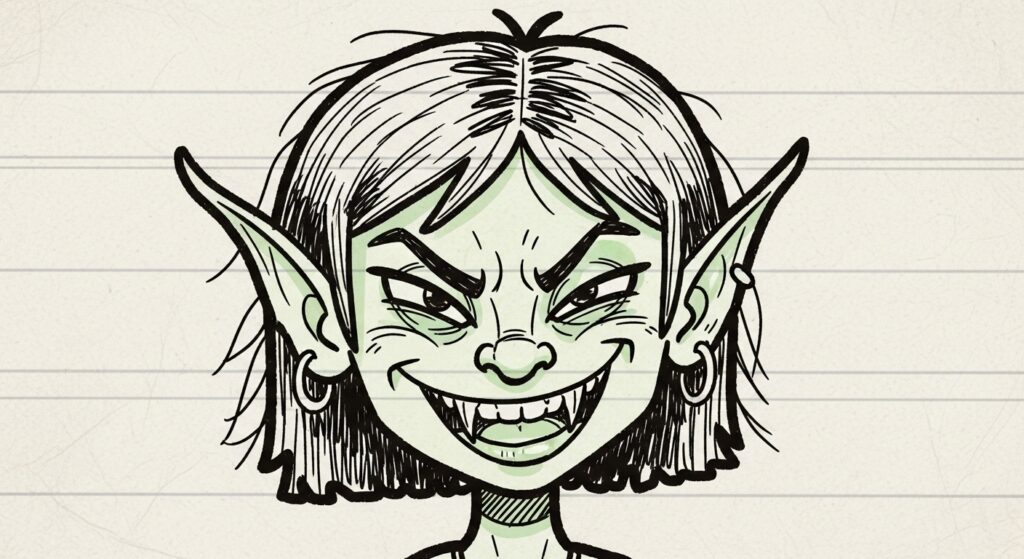 Depiction of a female goblin character with a playful face.