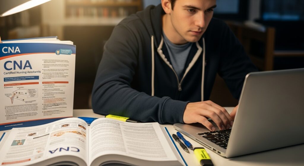 Man studying CNA course online at home.