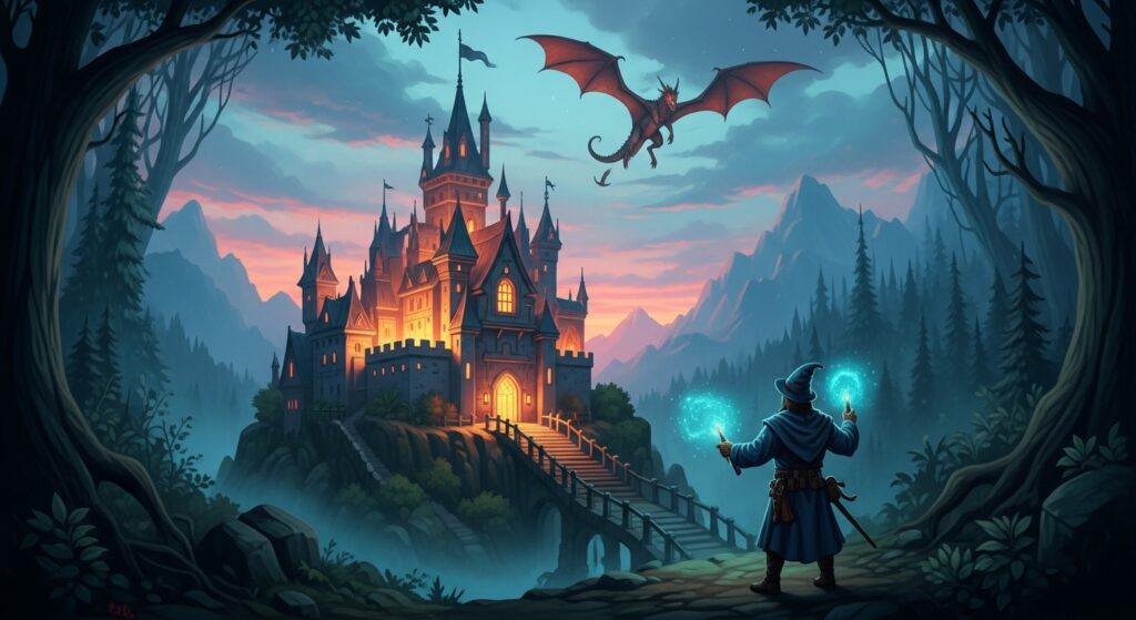 A glowing medieval castle, a dragon flying above, a wizard casting spells, and enchanted forests.