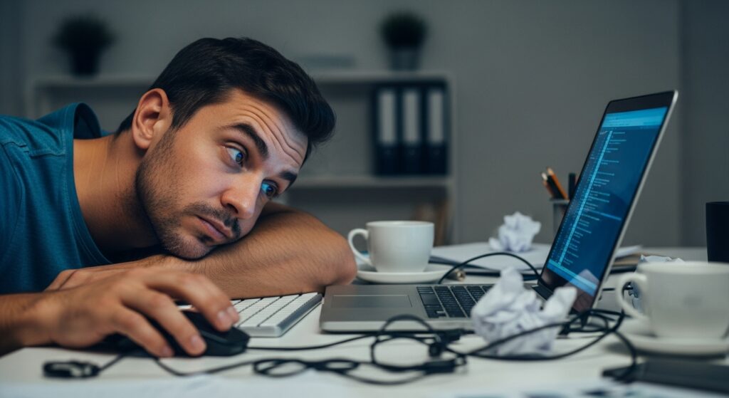 "Man working with the help of a random animal generator using the computer. "