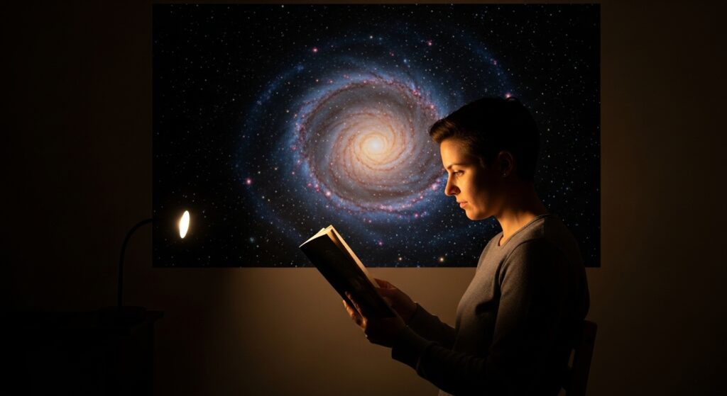 Person reading vintage sci fi book in space-themed room.