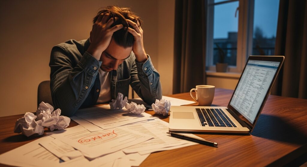 Frustrated employee managing medical certificate paperwork").