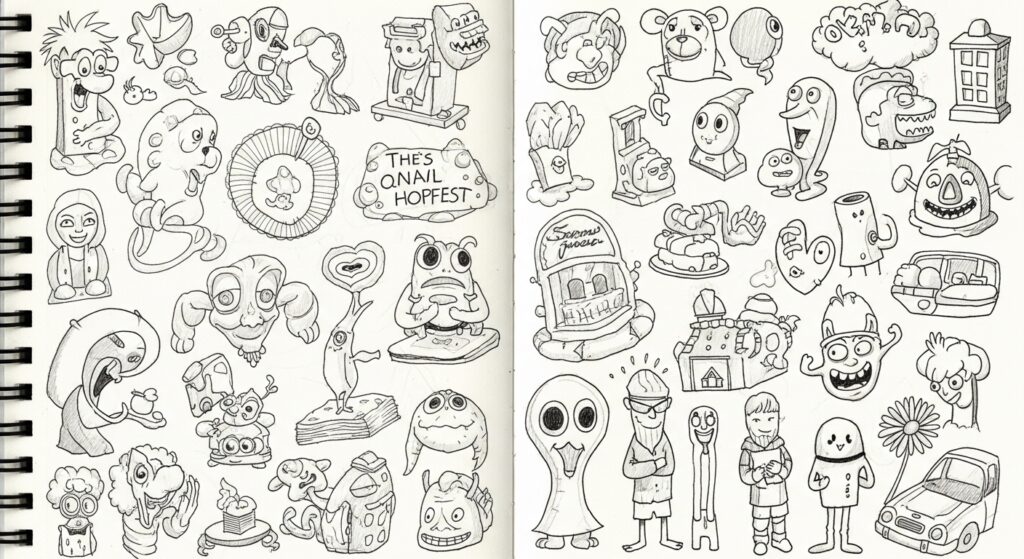 Sketchbook showing multiple quick sketches from art prompt ideas.