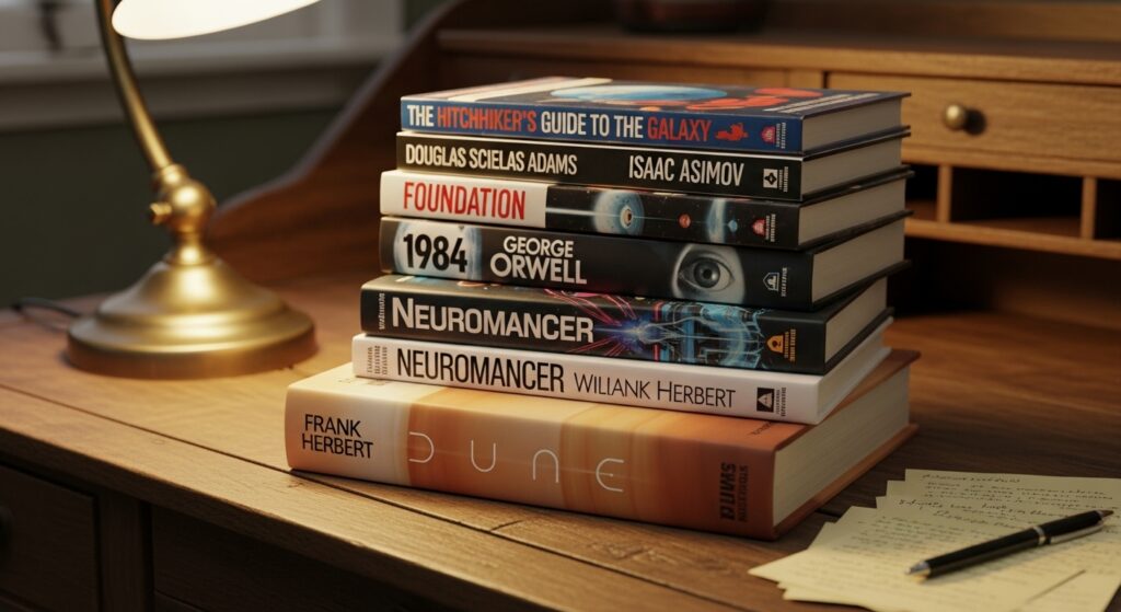 Pile of best science fiction novels on wooden table.