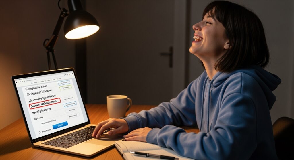 Woman smiling at goblin names generated online.