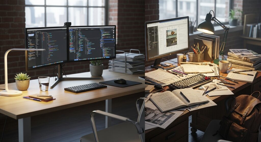 Serious IDE vs casual Python playground setup.”)
