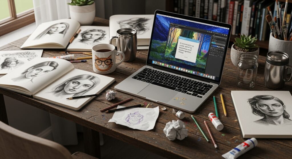 Artist desk with laptop displaying an art prompt generator tool.