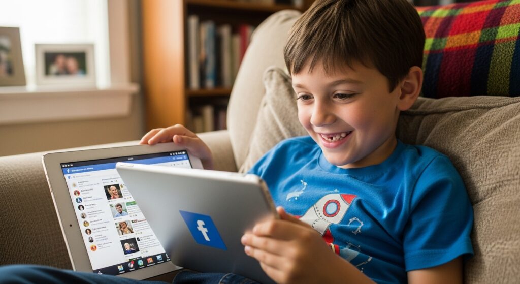 Young man checking Facebook profile on laptop