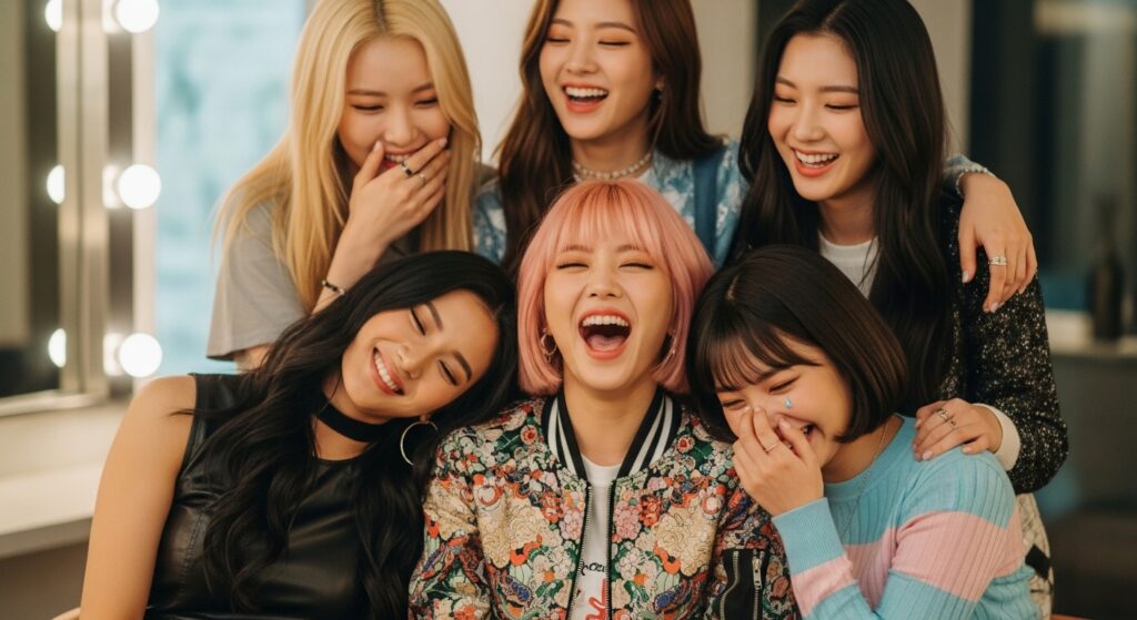Girl group laughing together, candid moment.