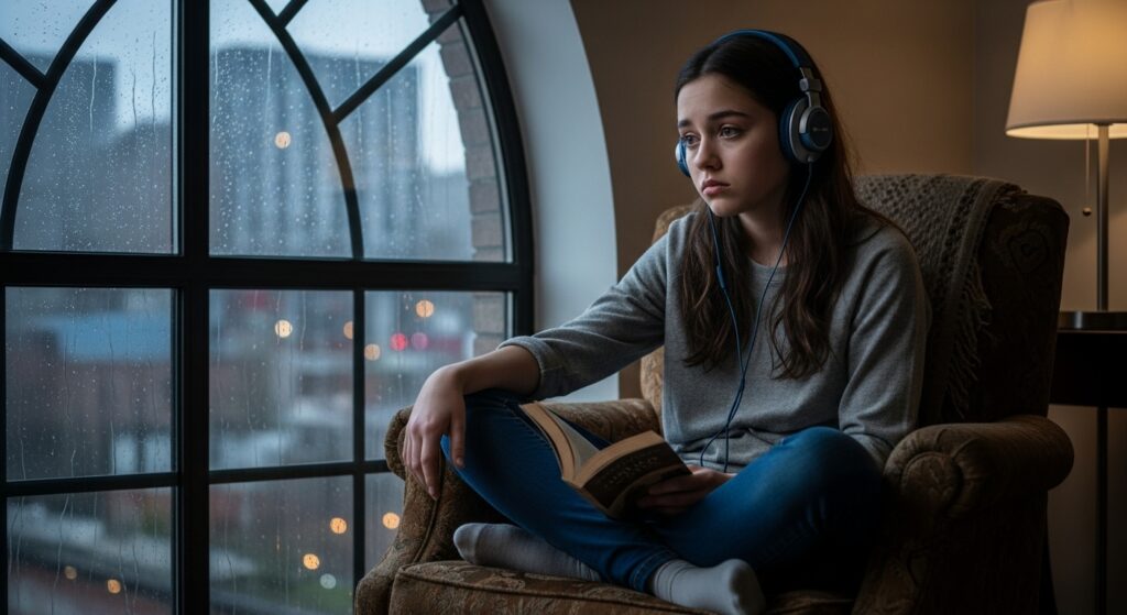 Girl with a moody expression sitting near a window, wearing headphones.