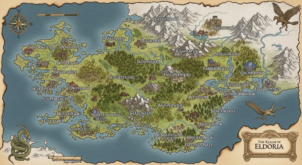  Hand-drawing of a map with imaginative fantasy cities.