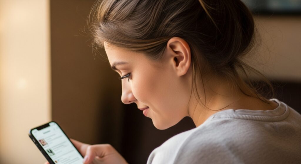 Over-the-shoulder shot of girl scrolling phone, smirking slightly.