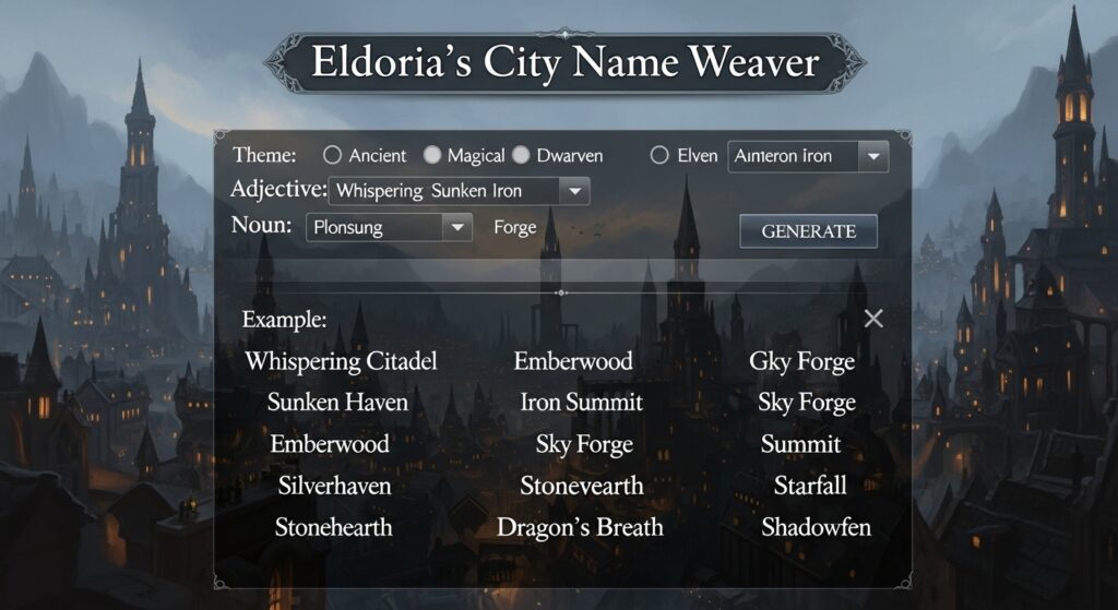 Fantasy city name generator showing sample city names.
