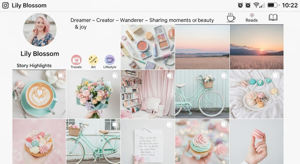 Instagram profile with aesthetic username for girls and pastel theme