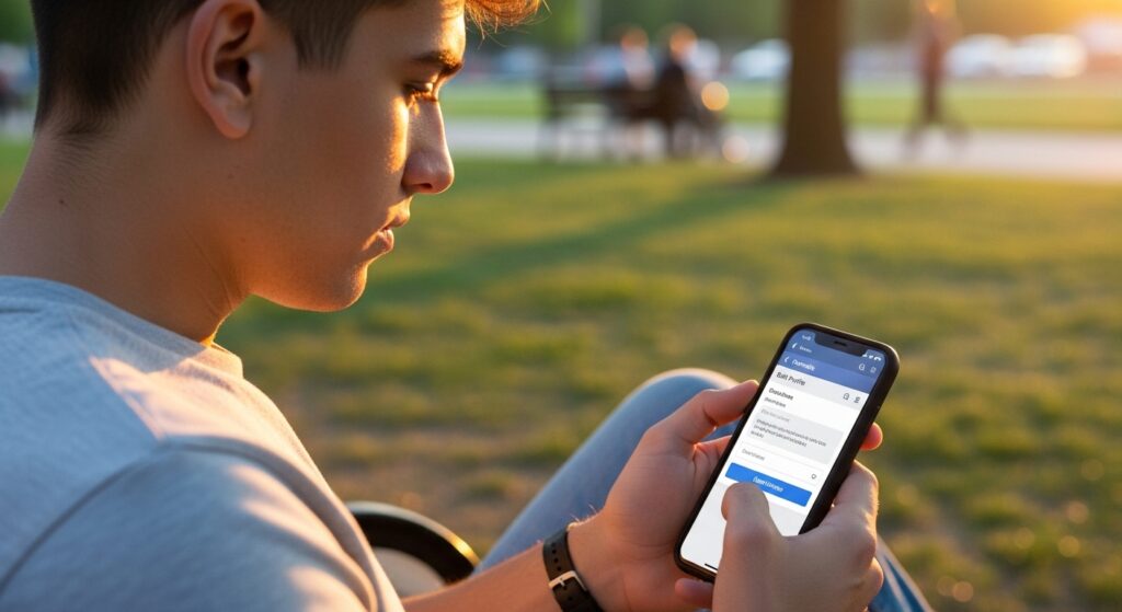  Boy typing new Facebook bio on smartphone