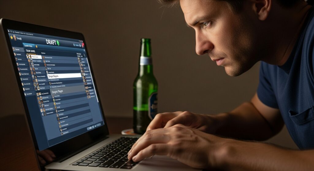 man creating fantasy football team name on laptop
