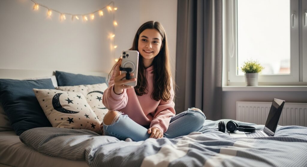 “Young woman casually filming a TikTok video at home.”)