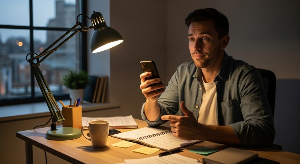A man sitting at a small office desk, holding his phone with a thoughtful look, as if deciding whether to call someone on another network.