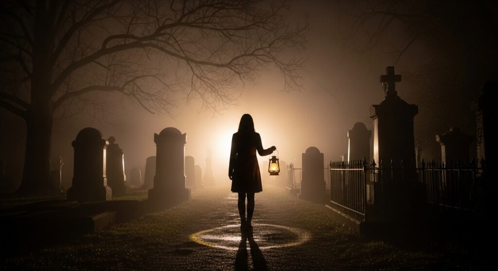 Image idea: A woman in silhouette holding a lantern in a foggy graveyard

Alt tag: Silhouette of witchy figure holding lantern in mist