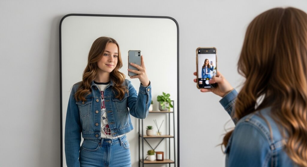 "Casual mirror selfie showcasing fashion outfit idea.")