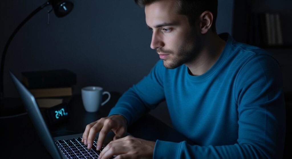 "Freelancer working late night on assignments without investment")