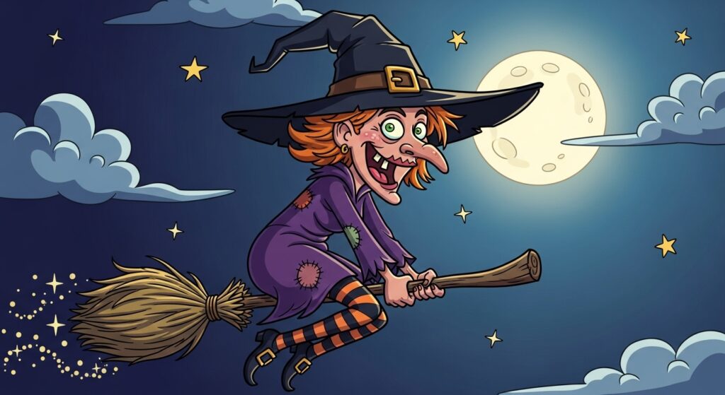 Image idea: Cartoon witch on a broomstick with oversized hat and goofy grin

Alt tag: Funny cartoon witch flying on broomstick