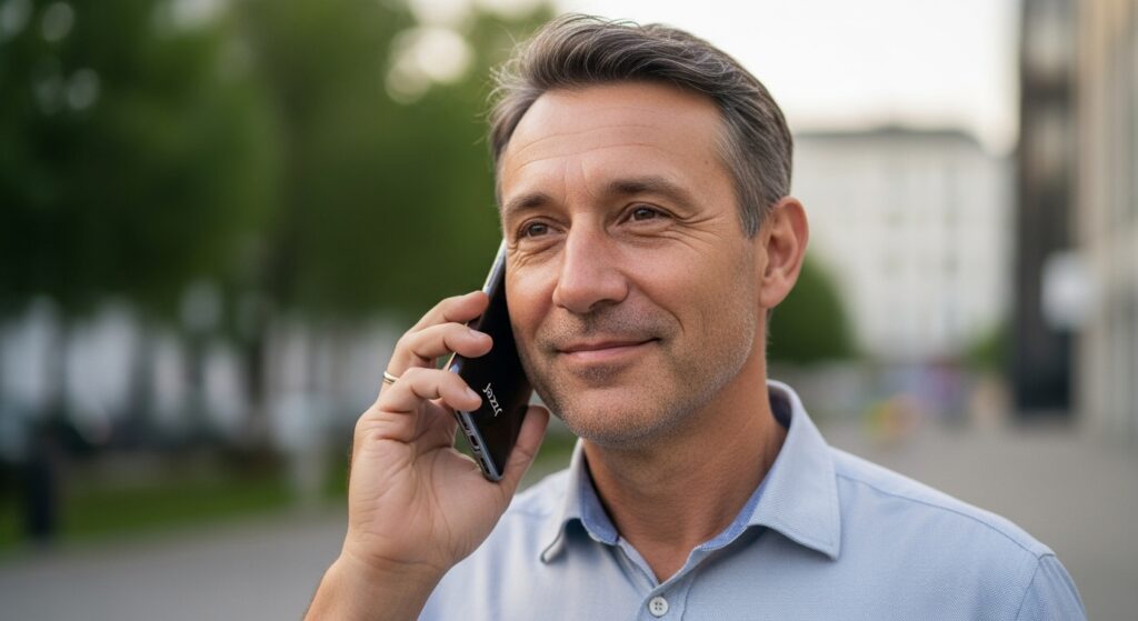 Man happily making a call with Jazz package in the middle of nature")