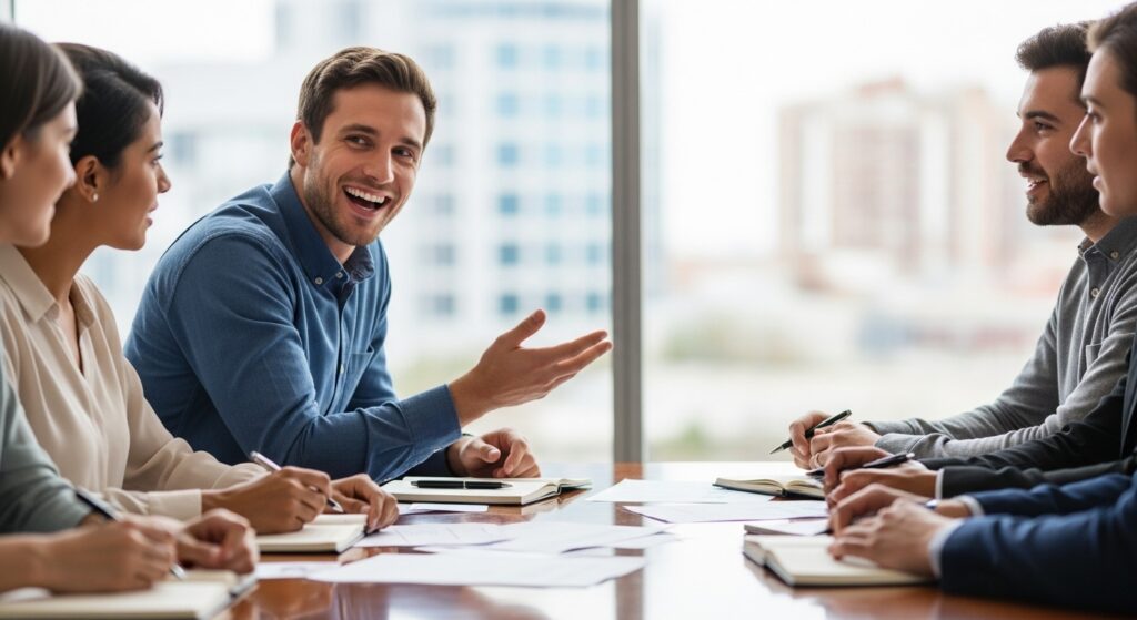 man connecting with people through social media discussion.